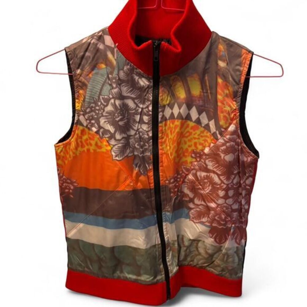 Mismash Womens Quilted Puffer Vest Mixed Floral Leopard Print Red Orange Small